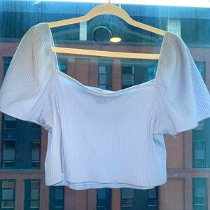 Light blue ribbed puff sleeve/off shoulder top.